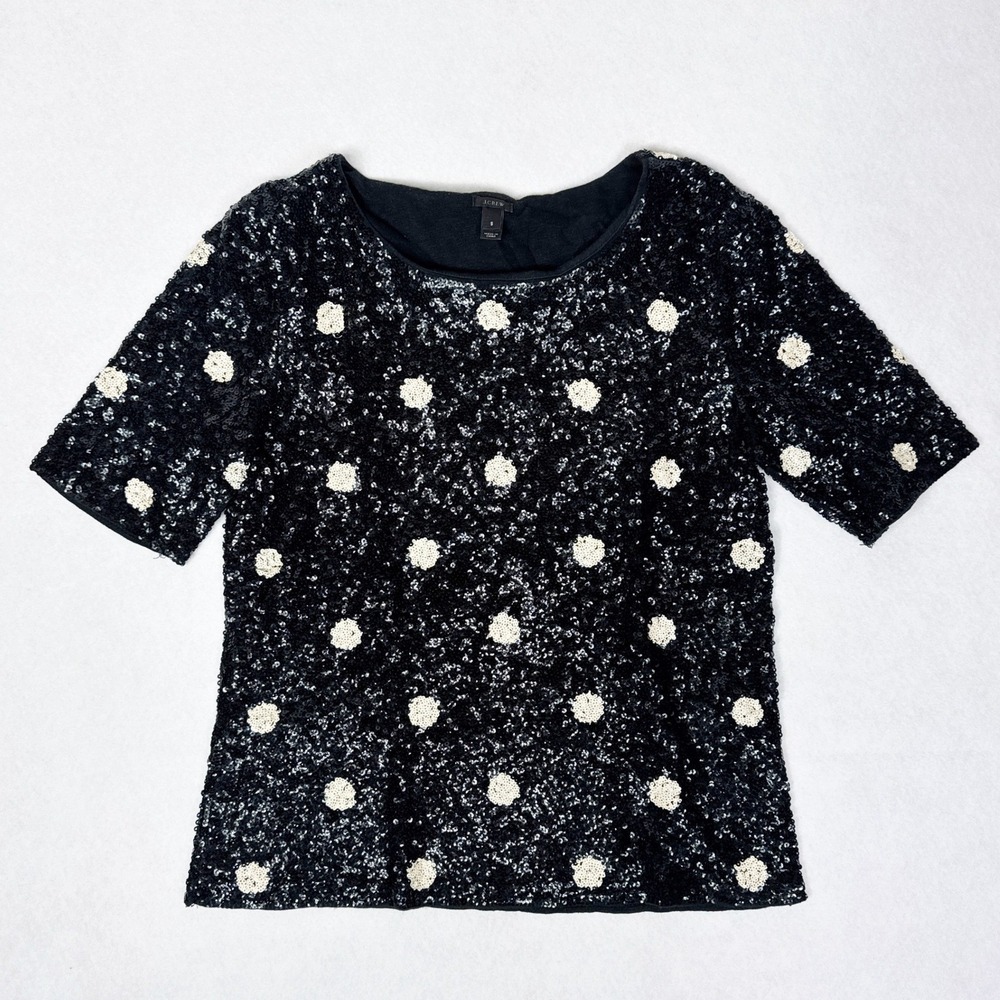 J Crew‎ Sequin Polka Dot Top Womens Small Black Short Sleeve Party Blouse